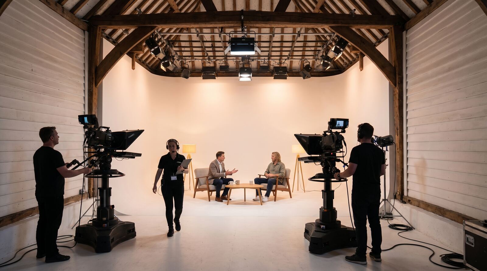 Chat show set with presenters in the barn studio