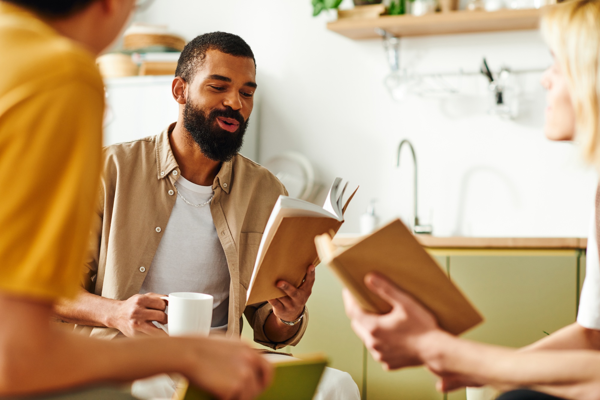 Engaging discussions among young men in a stylish home book club setting