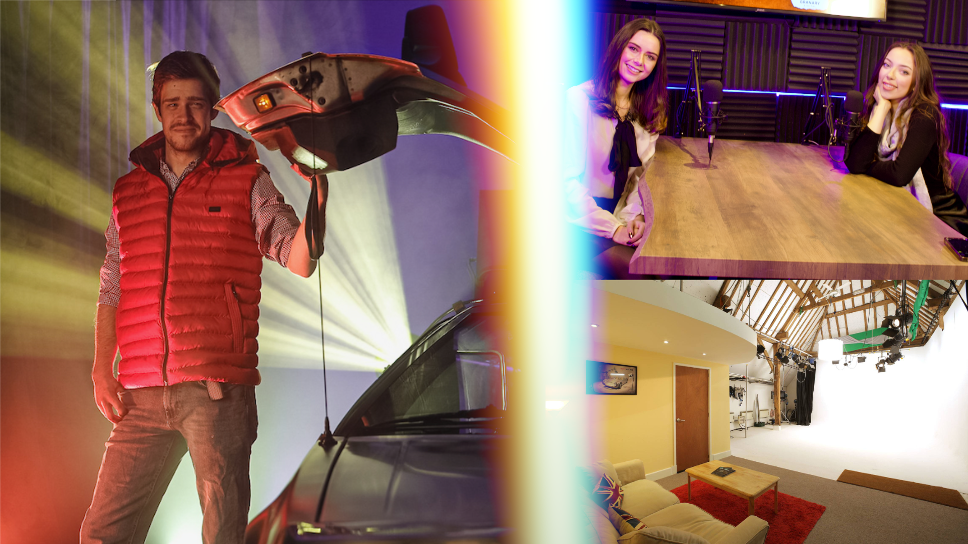 Man with backlighting and car, girls in the podcast boot, couch setting